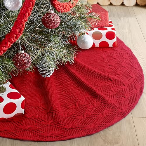 GMOEGEFT 32 Inches Knitted Christmas Tree Skirt, Vintage Knit Xmas Tree Skirt, Rustic Christmas Home Decorations, Red Xmas Tree Holiday Decorations