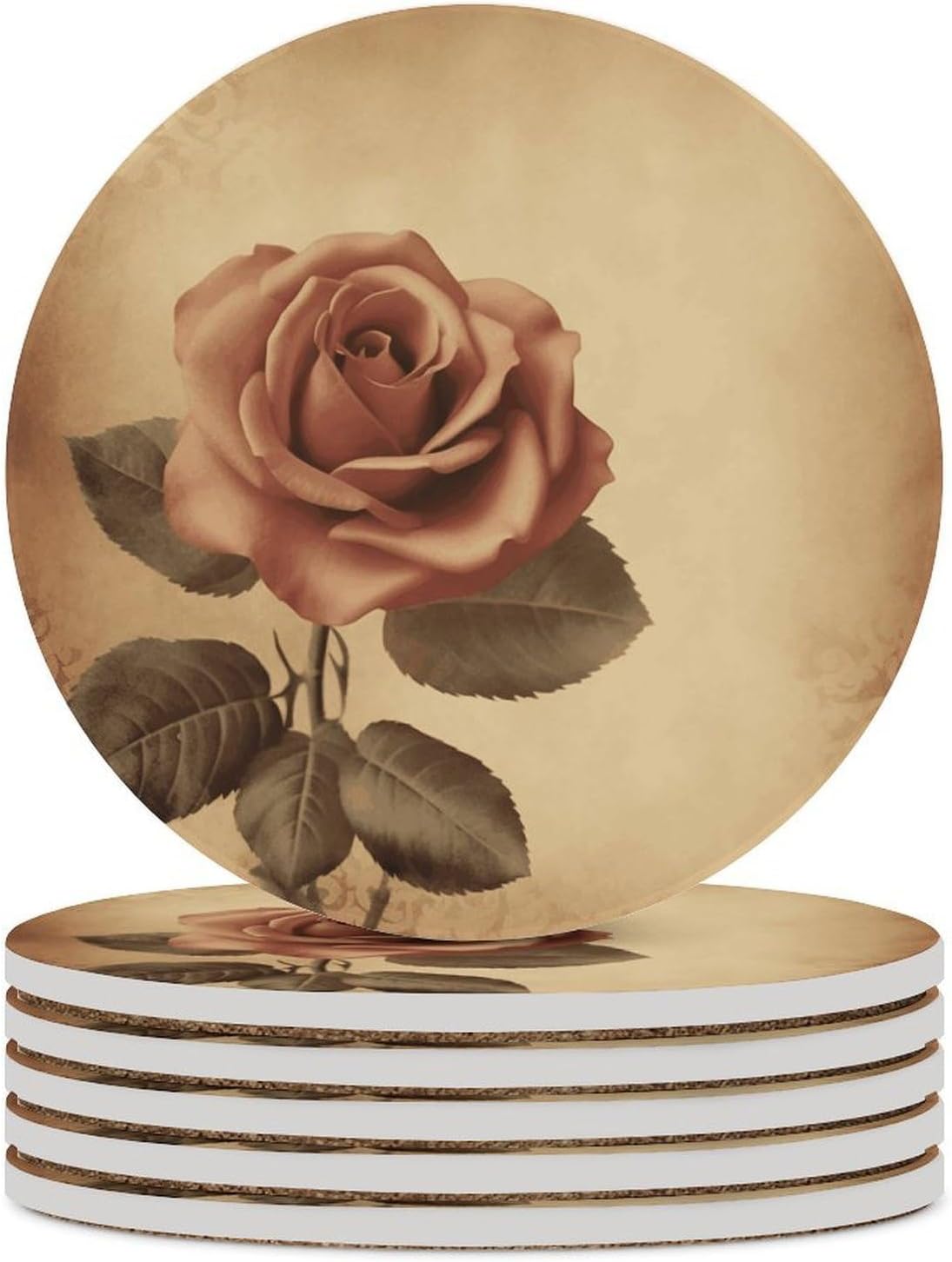 Vintage Rose Coaster with Cork Base Drink Coasters for Coffee Table Decor Modern Cup Coasters with Non-Slip & Heat-Resistant Cute Ceramic Table Coaster for Home Dining