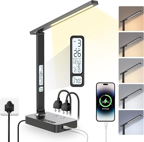 Regleta de alimentación con lámpara de escritorio LED, 2 tomacorrientes, 1 puerto USB-A, 1 puerto tipo C, lámpara de escritorio pequeña con