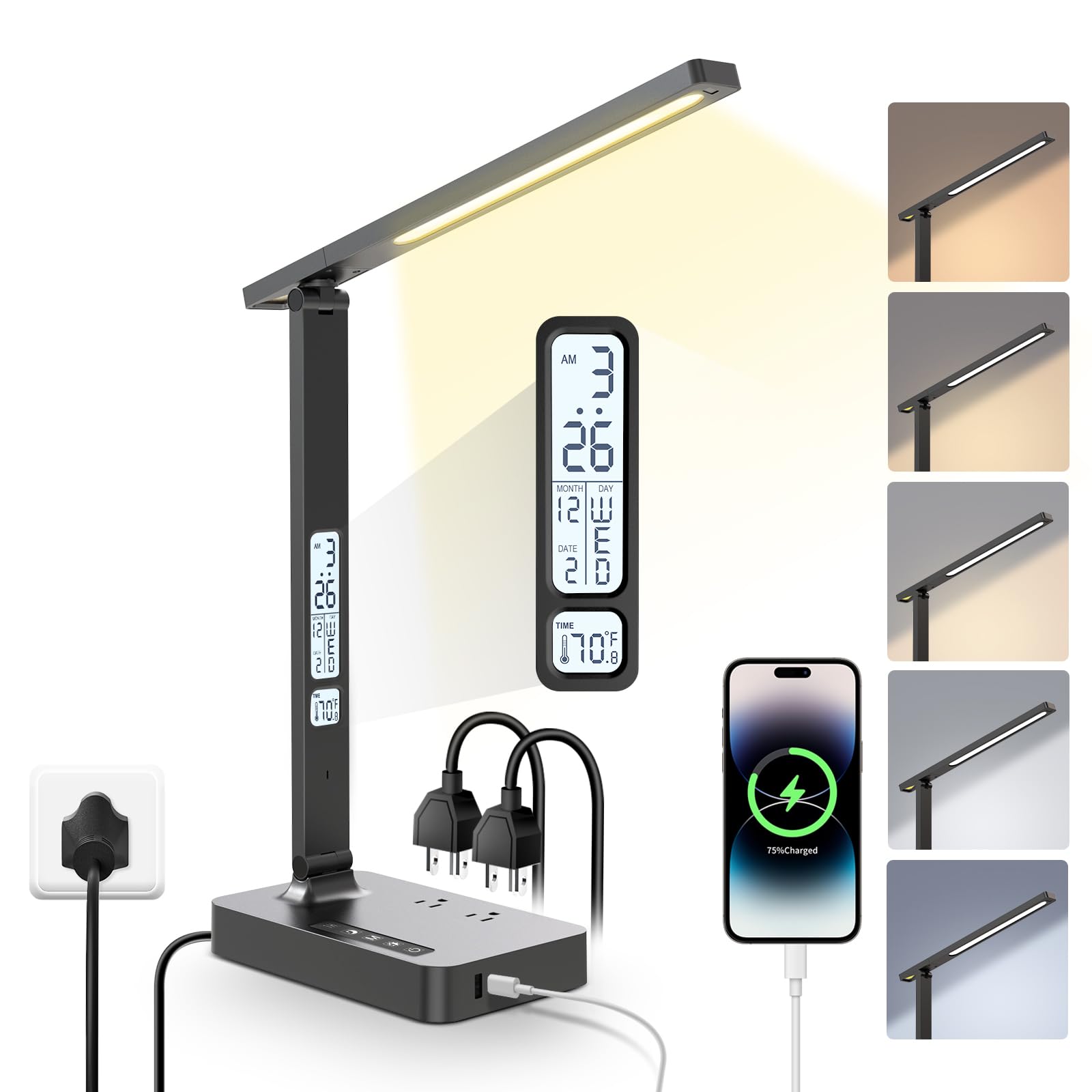 Power Strip with LED Desk Lamp: Table Lamp with Charging Station - 2 Outlets 1 USB-A Ports 1 Type-C Ports, Surge Protection and Led Display, 5ft