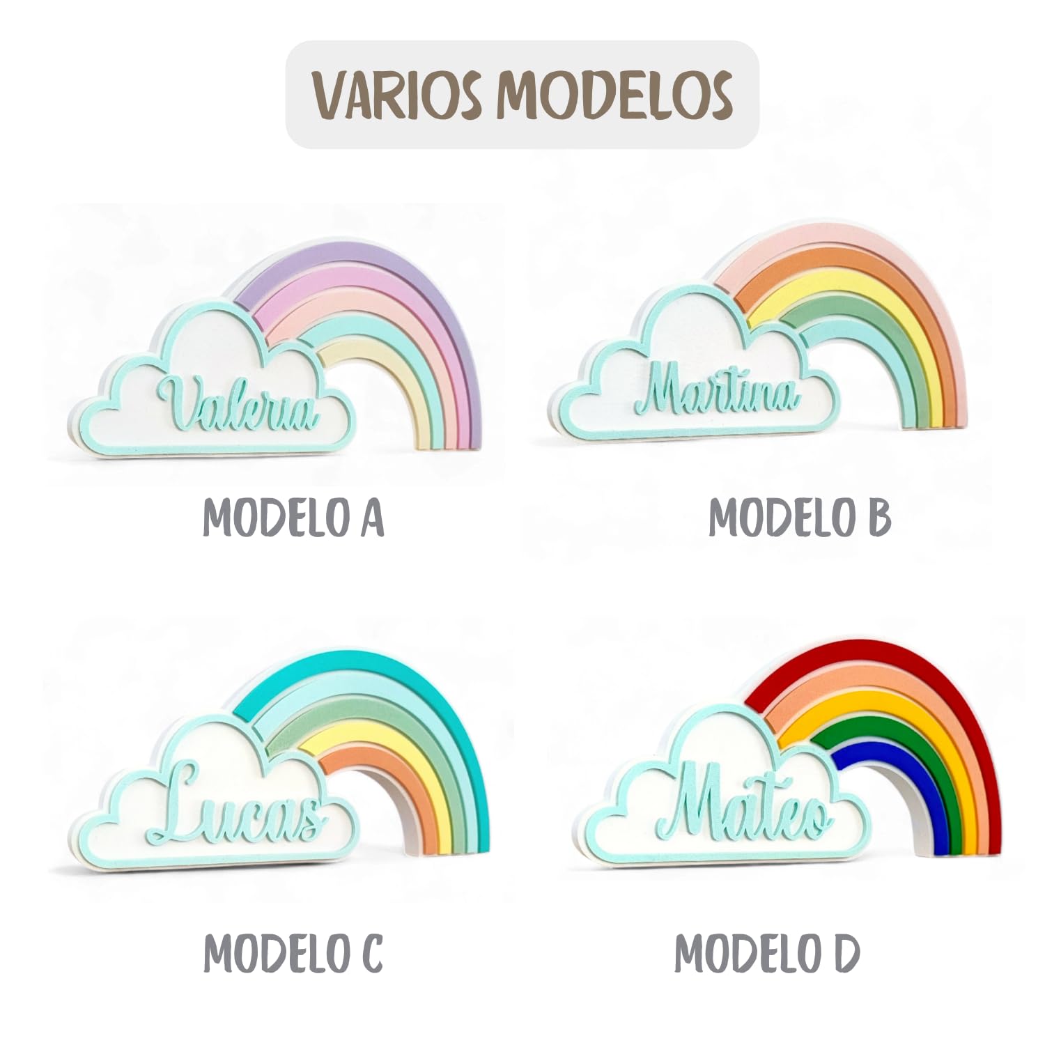 Arcobaleno con nome personalizzato. Diversi modelli tra cui scegliere. Regalo per neonati e bambini. Decorazione per baby shower e caramelle, per la cameretta dei bambini e la cameretta