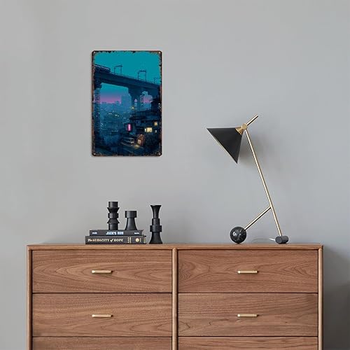 Miniatura 5 de Cartel de metal vintage Cyberpunk Cityscape divertido Vaporwave Night Street Poster Retro Pixel Aluminio 8x12 pulgadas para baño, sala de estar,
