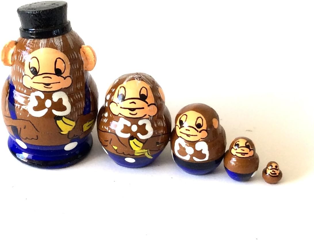 1.25" Tall Monkey MINI Nesting Dolls Russian Hand Carved Hand Painted 5 Piece Matryoshka in Each Set