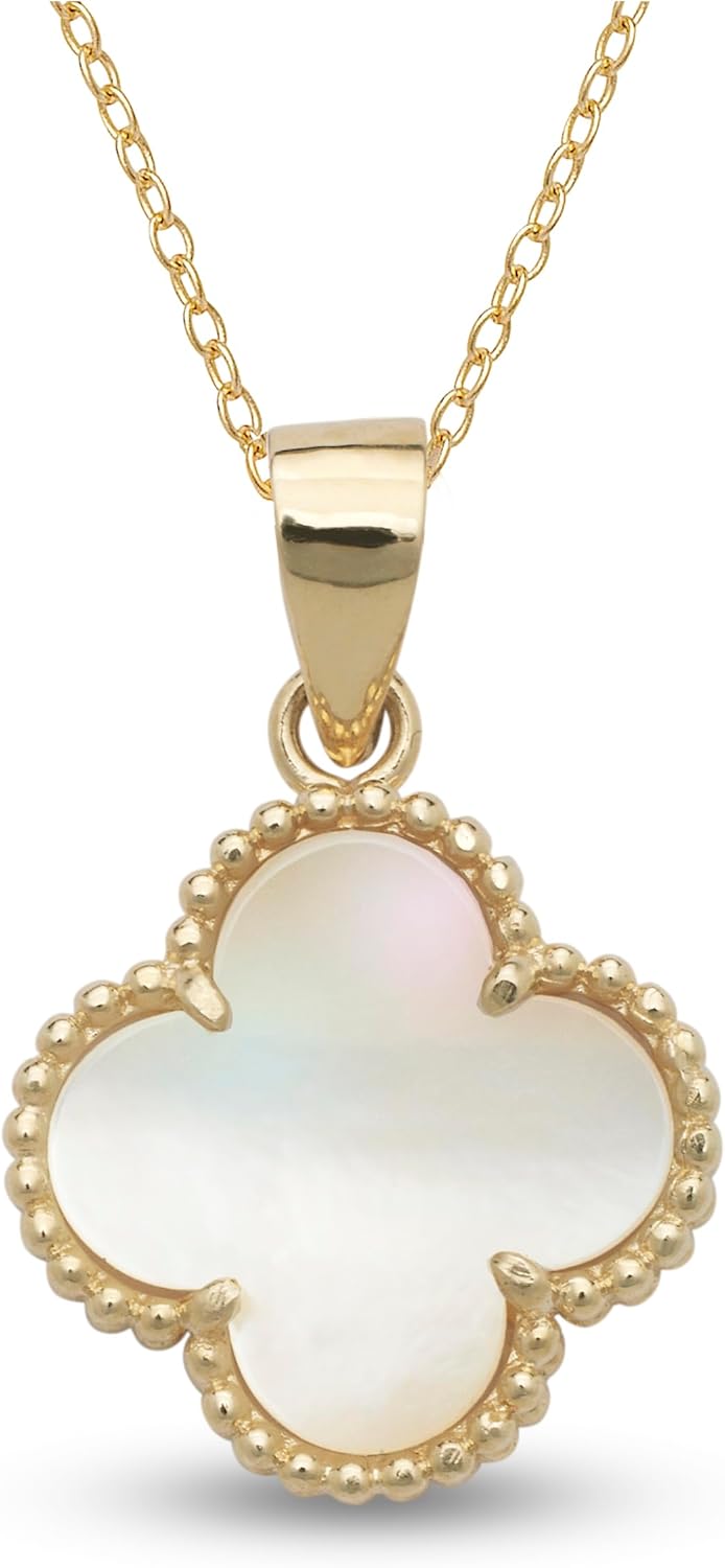 JewelryWeb - Solid 14k Yellow Gold 18" Gemstone Four-Leaf Quatrefoil Beaded Pendant Necklace - 13x20mm - Jade Flower Necklace - Onyx Flower Pendant - Mother of Pearl Jewelry