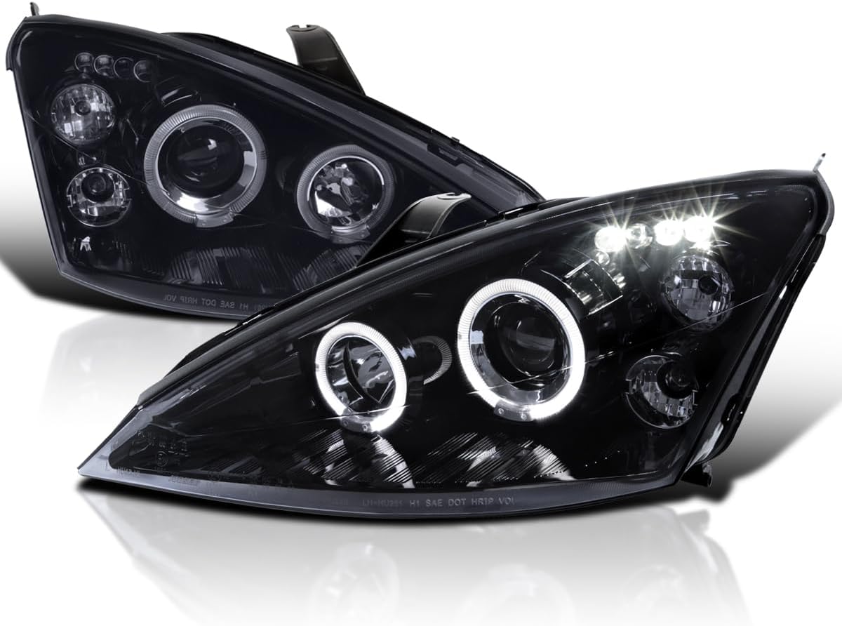 SPEC-D TUNING Dual Halo Angel eyes LED Projector Headlights Glossy Black Compatible with 2000-2004 Ford Focus, Left + Right Pair Headlamps Assembly