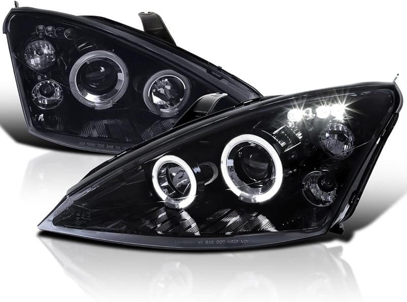 Dual Halo Angel eyes LED Projector Headlights Glossy Black | For 2000-2004 Ford Focus
