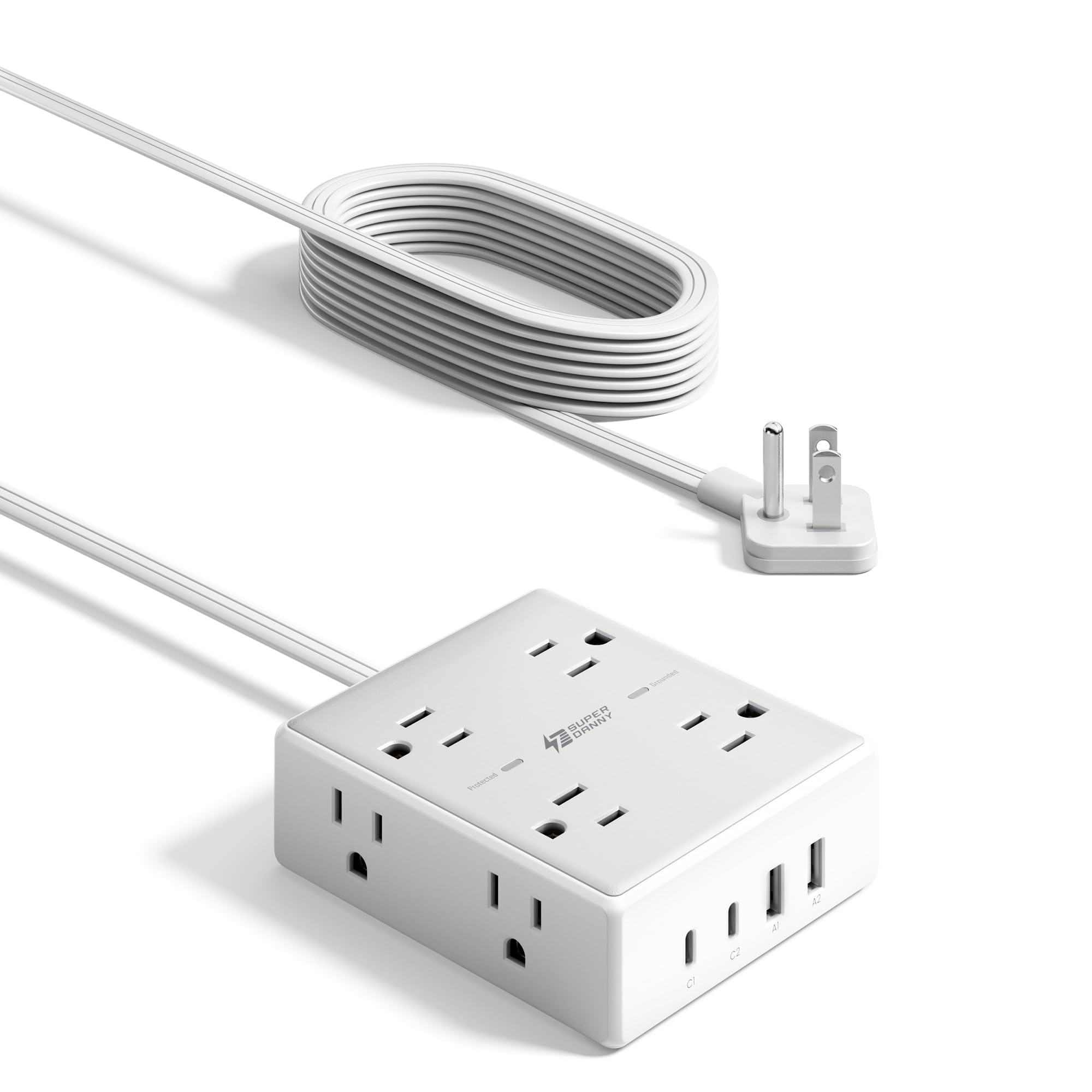 Ciabatta con protezione da sovratensione a spina piatta, 1,8 m, ultra sottile, con 4 porte USB (2 porte USB C), 8 prese di ricarica per computer, prolunga di uscita