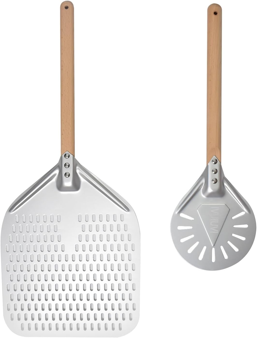 IVUIUVI Perforated Pizza Peel 12 Inch + 7 Inch Set, Pizza Turning Peel with Wood Handle,Non-Stick Pizza Spatula Paddle for Homemade Pizza Oven Accessories(12 inch+7inch Pizza Peel Wood Handle)