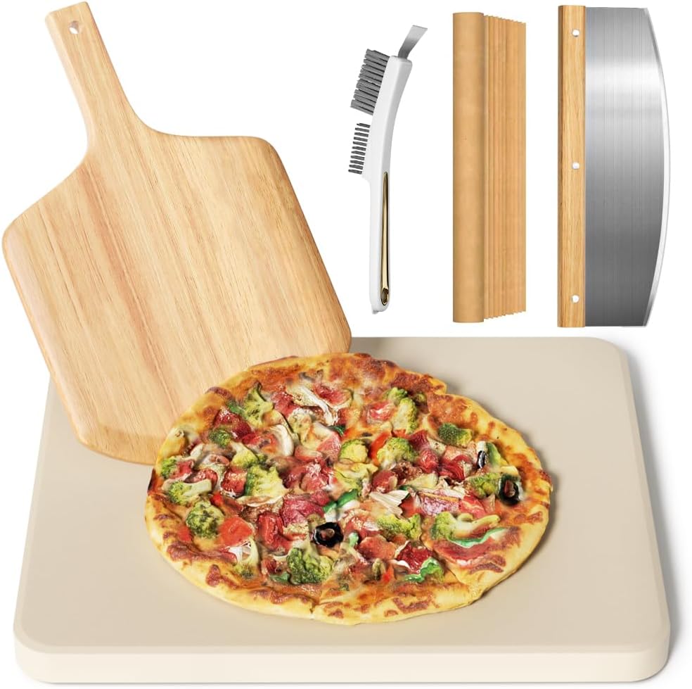 Set of 5 Rectangular Pizza Stones, 16" Large Pizza Stones, for Grilling with Pizza Peel (Oak), Pizza Stone Brush, Pizza Cutter & 10 Cooking Paper, Baking Stones for Pizza, Bread, BBQ