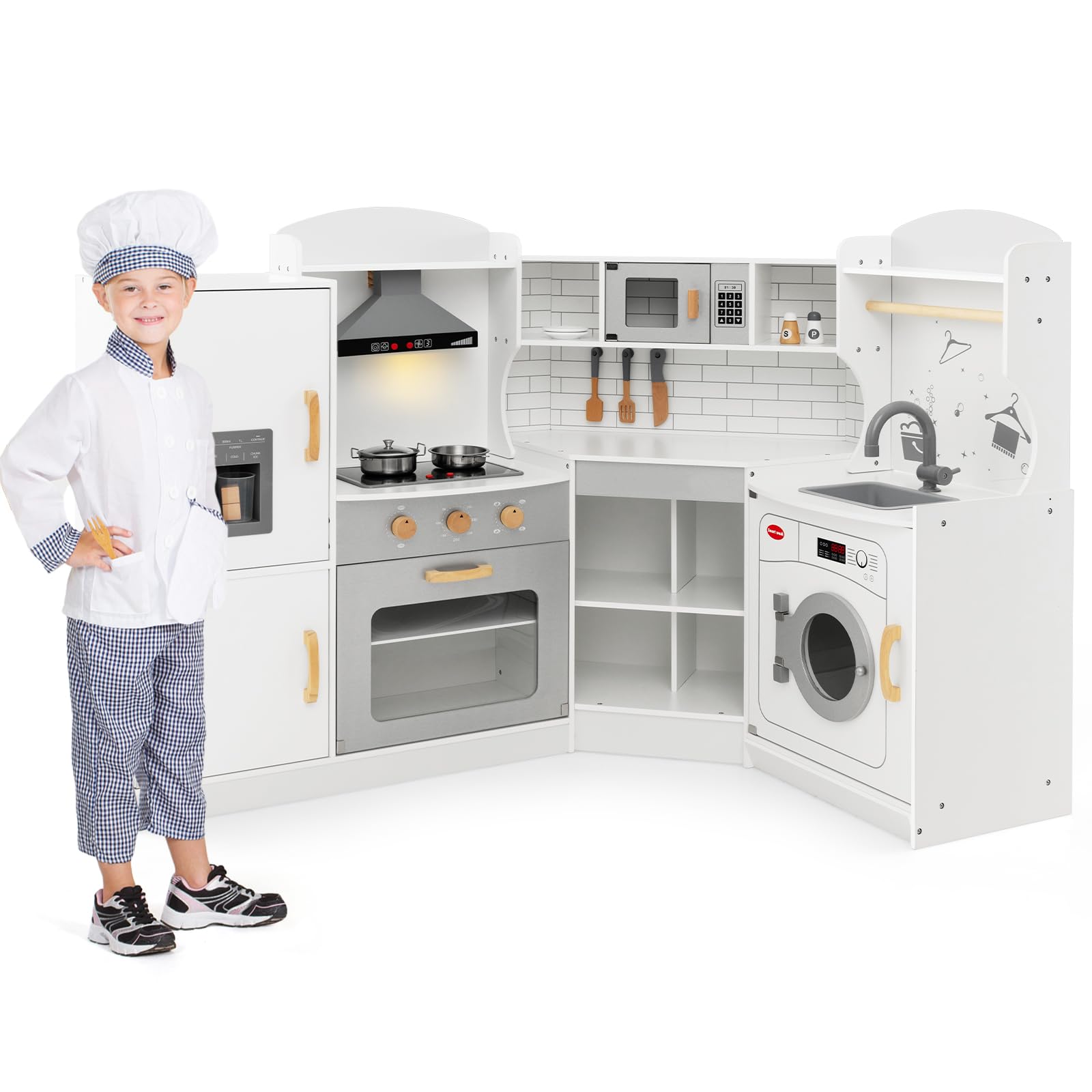 Costzon Corner Kids Kitchen Playset, Wooden Play Kitchen with Sounds & Lights, Washing Machine, Range Hood, Ice Maker, Microwave, Oven, Sink, Pretend Toy Kitchen Set for Toddler, Gift for Boys Girls