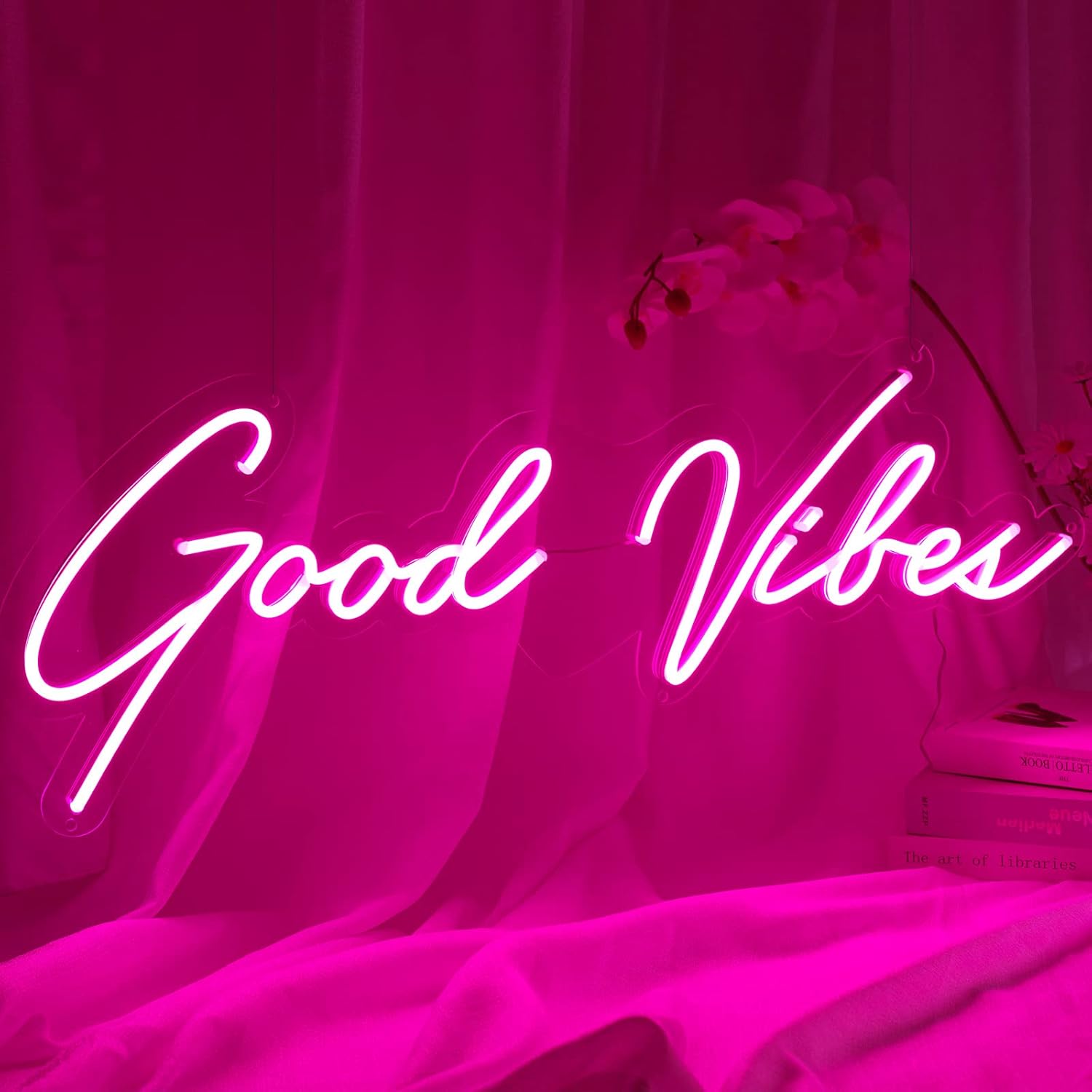 SELICOR Neon Sign Wall Décor for Bedroom Home Bar, Neon Sign Gifts for Girlfriend Wife Partner, Neon Wall Sign for Wedding Birthday Graduation Party (good vibes-pink, 30"(W))