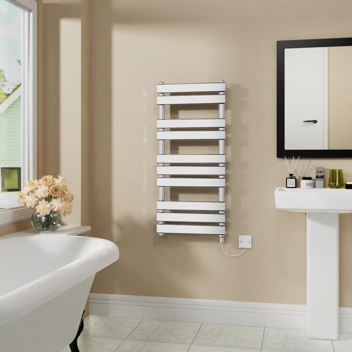 Warmehaus Chrome Electric Flat Panel Heated Towel Rail Bathroom Ladder Radiator Warmer 1000X450mm 600W