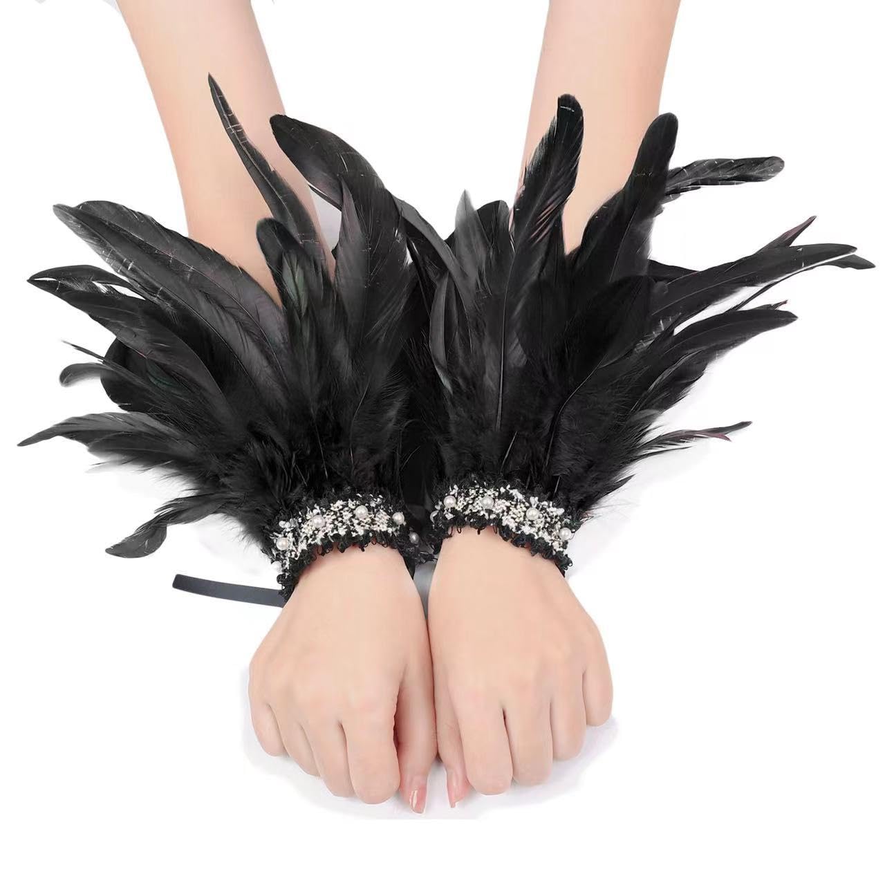 Yoodeet Women Lace Feather Wrist Band Black Wrist Bands Novelty Gloves Costume Accessories (Black, One Size) - Image 2