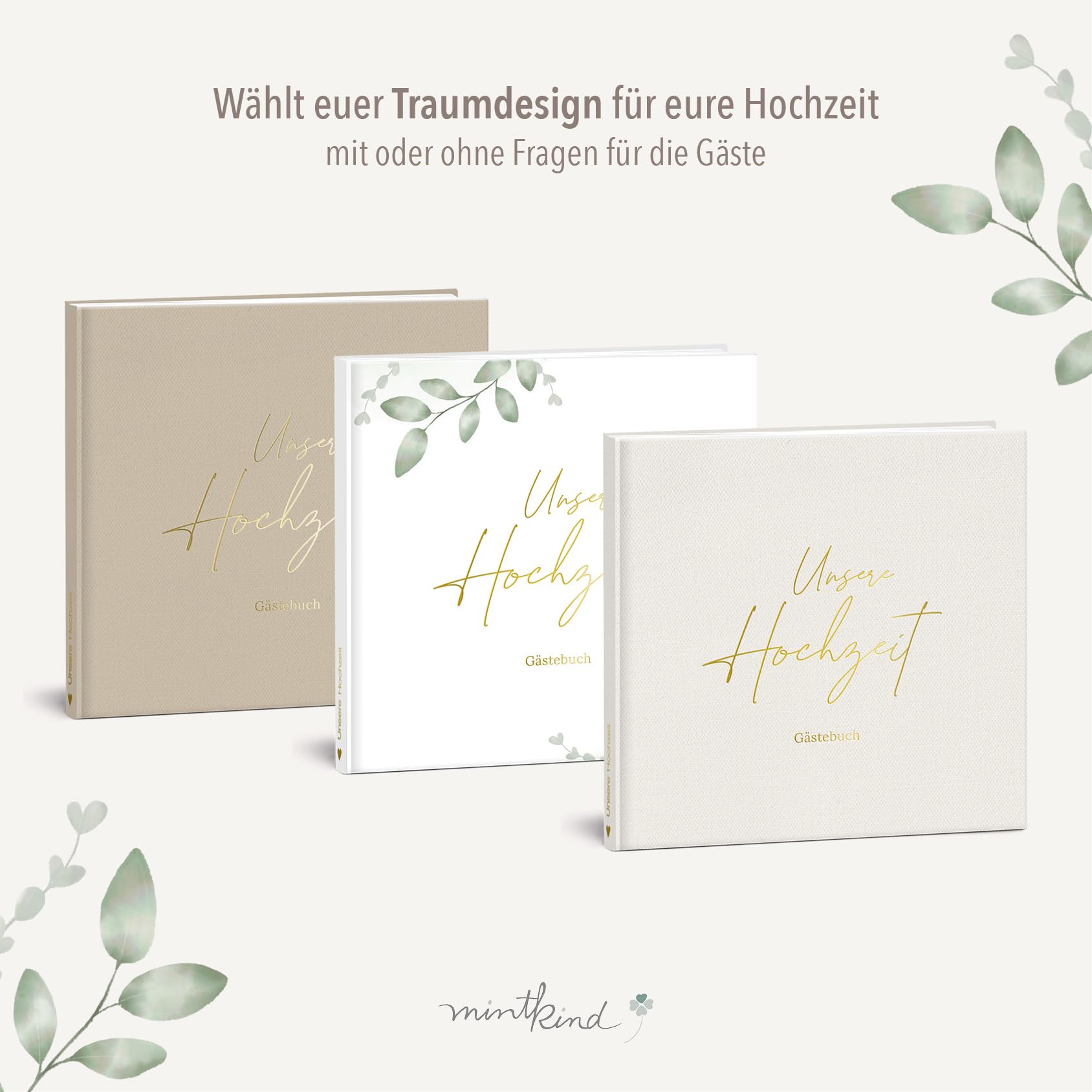 mintkind® Gästebuch Hochzeit zum Ausfüllen Beige inkl. 4 Stickerbögen | 84 Seiten mit Fragen für die Gäste | Hochzeitsgeschenke für Brautpaar als Hochzeit Deko | Goldene Hochzeit Silber Hochzeit