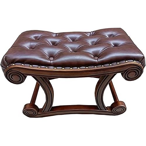 Leather Footstool Vintage, Small Foot Rest Stool Chair Stool Sofa Stool Short Ottoman Rubberwood European Decor Furniture Stool for Living Room,B