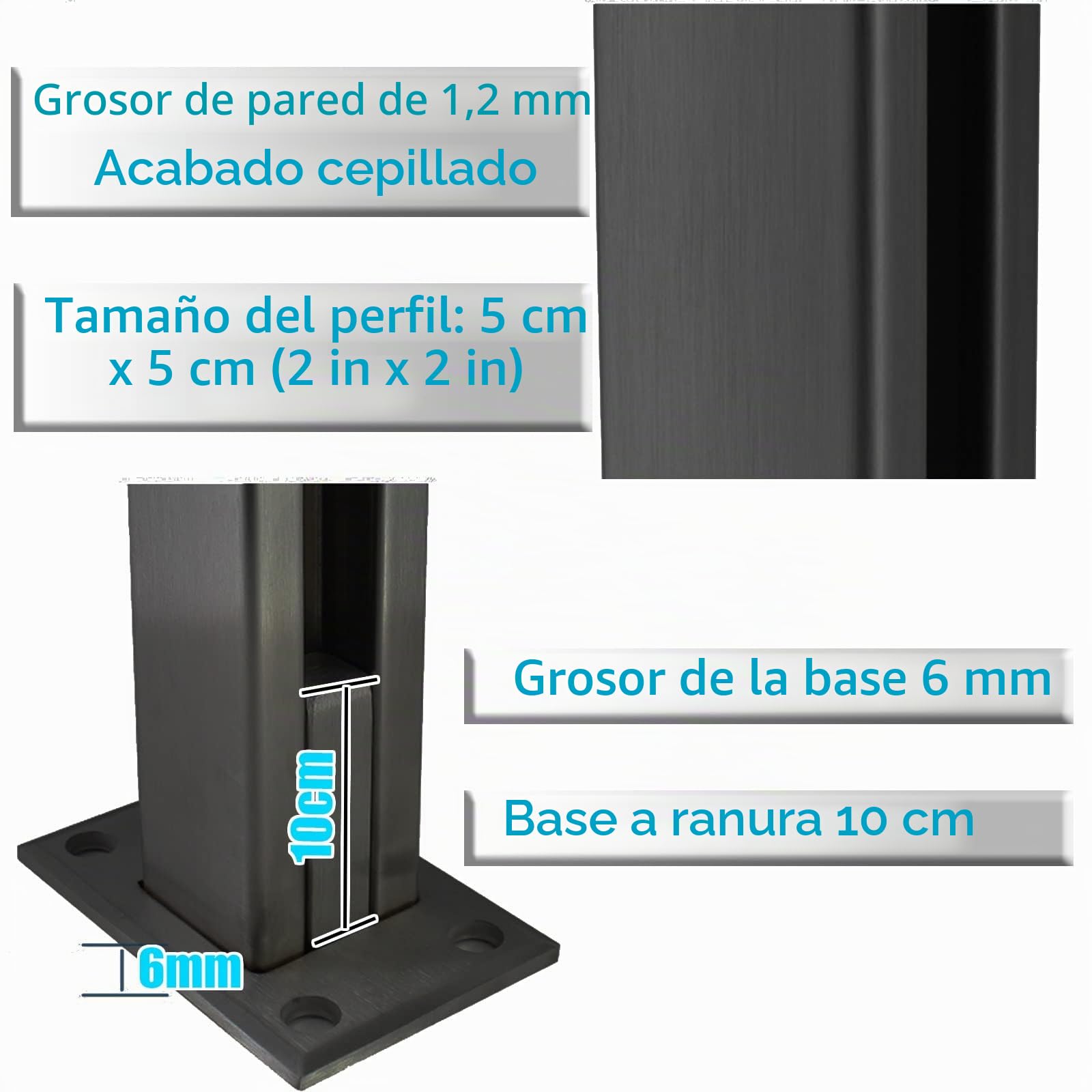 Poste cuadrado de acero inoxidable para valla de vidrio – Adecuado para vidrio templado de 10-12 mm con kit de soportes de riel base para piscina, balcón, terraza y patio