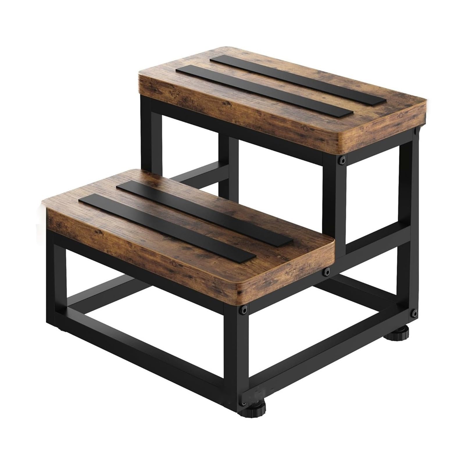 2-stufiger Tritthocker aus Holz & Metall, Stabiler Hocker for Kinder & Erwachsene, mit nivellierenden Füßen, for Küche, Bad, Eingang, Schuhbank(Braun)
