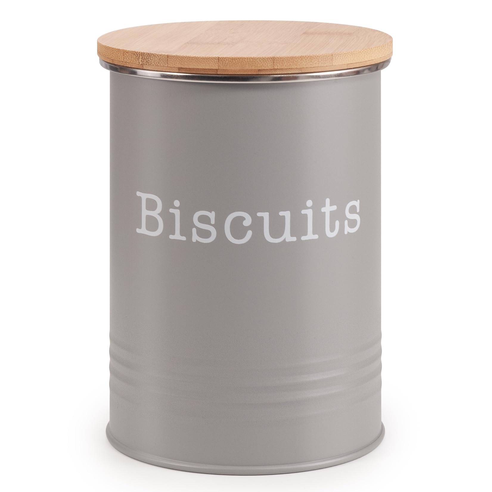 Ehc Biscuit Tin - Grey Round Enamel Airtight Seal Cookie/Biscuit Kitchen Storage Canister Jar With Wooden Lid, Grey