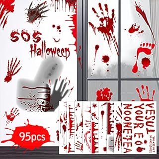 LinTimes Halloween Bloody Stickers, 9 Sheets Bloody Handprint Footprint Clings for Window Bathroom Mirror Halloween Party Decorations - No One Leaves