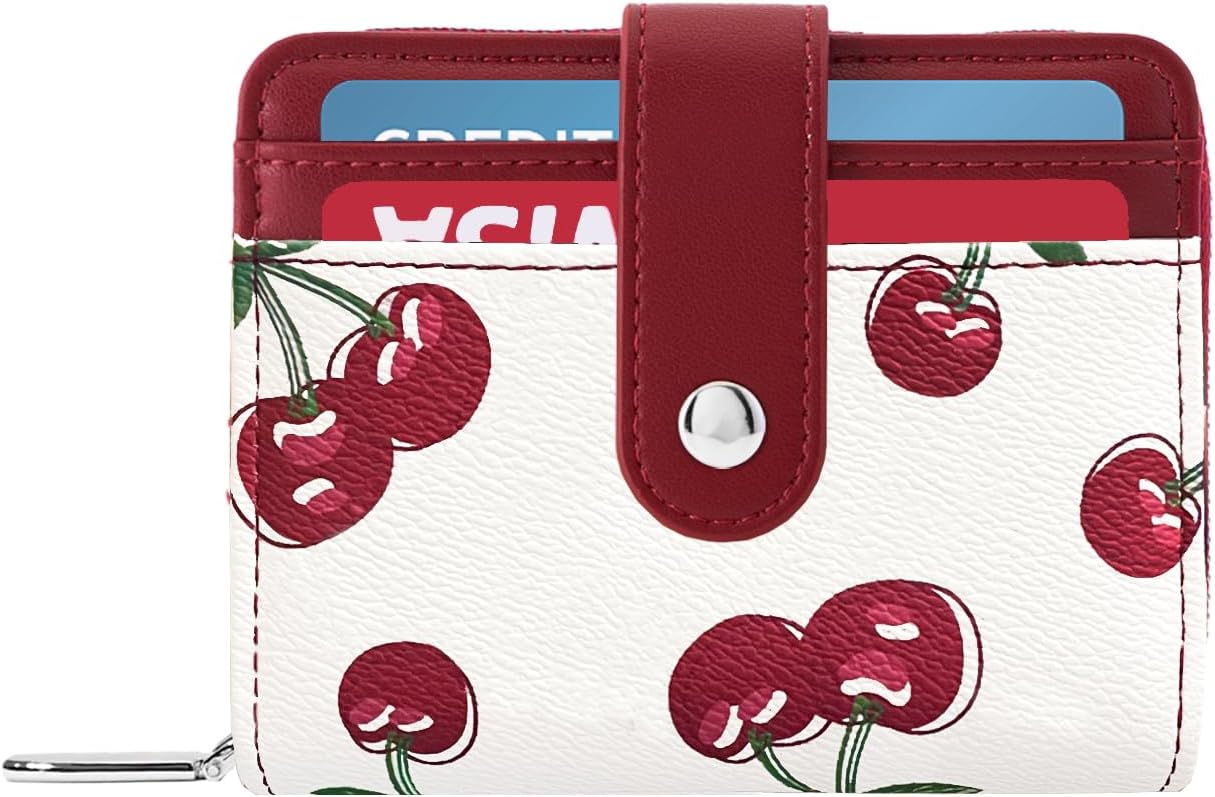 Sunwel Fashion Cute Prints Wallet Card Slots Small Wallet with Zipper Coin Pouch Wallet for Women Girls (CHERRY)