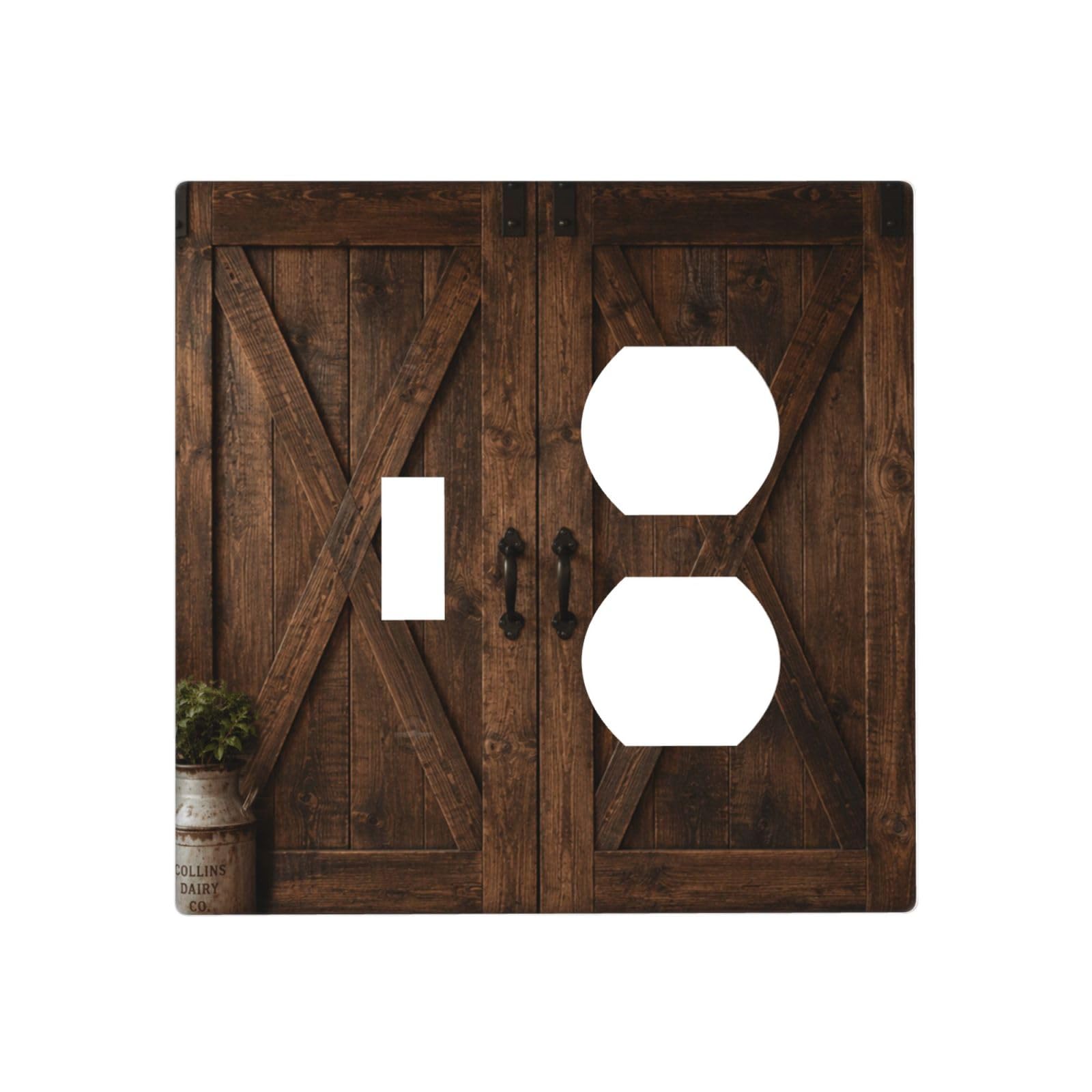 Dwbguo Decorative Outlet Covers Farmhouse Rustic Barn Door Print 2 Gang Wall Plate Single Toggle Duplex Combo Vintage Dark Brown Wood Wooden Grain Light Switch Covers Switch Plate Cover Home Decor
