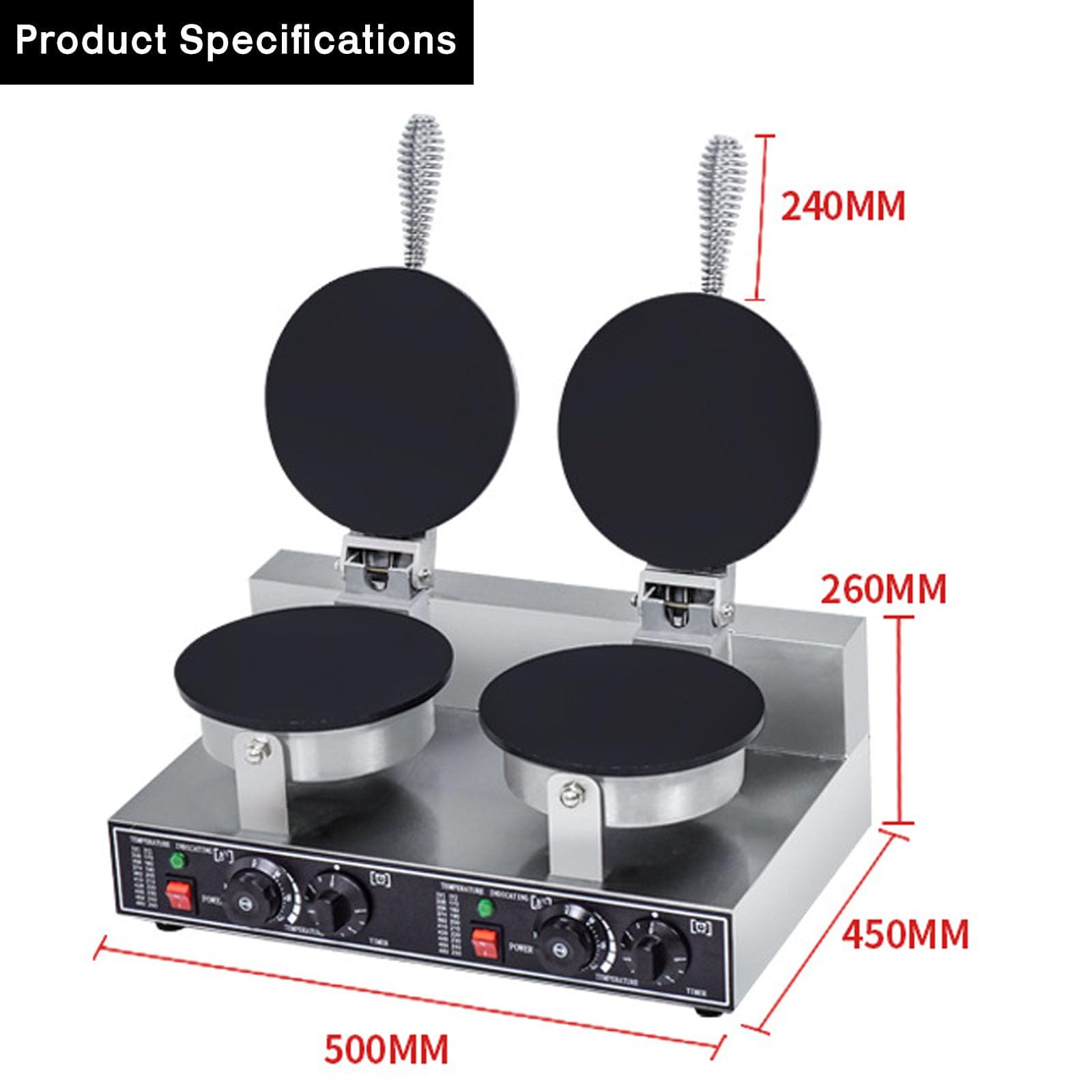 Máquina de Rollitos de Huevo Para Conos de Helado, Fabricante de Conos de Barquillo Eléctrico con Temperatura Ajustable 50-300°C, Temporizador 0-5 Min, Calentamiento Doble Para Restauran Double-ended