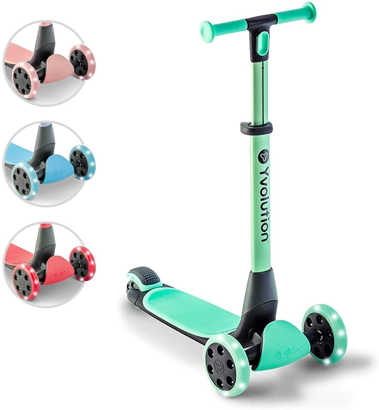 Yvolution Kids Kick Scooter, Glider Nua 3 Wheel Scooter, Foldable, LED Lighted Wheels, Adjustable Handlebars, for Boys and Girls, with Storage Accessory for Children Ages 3 to 10 Years Old