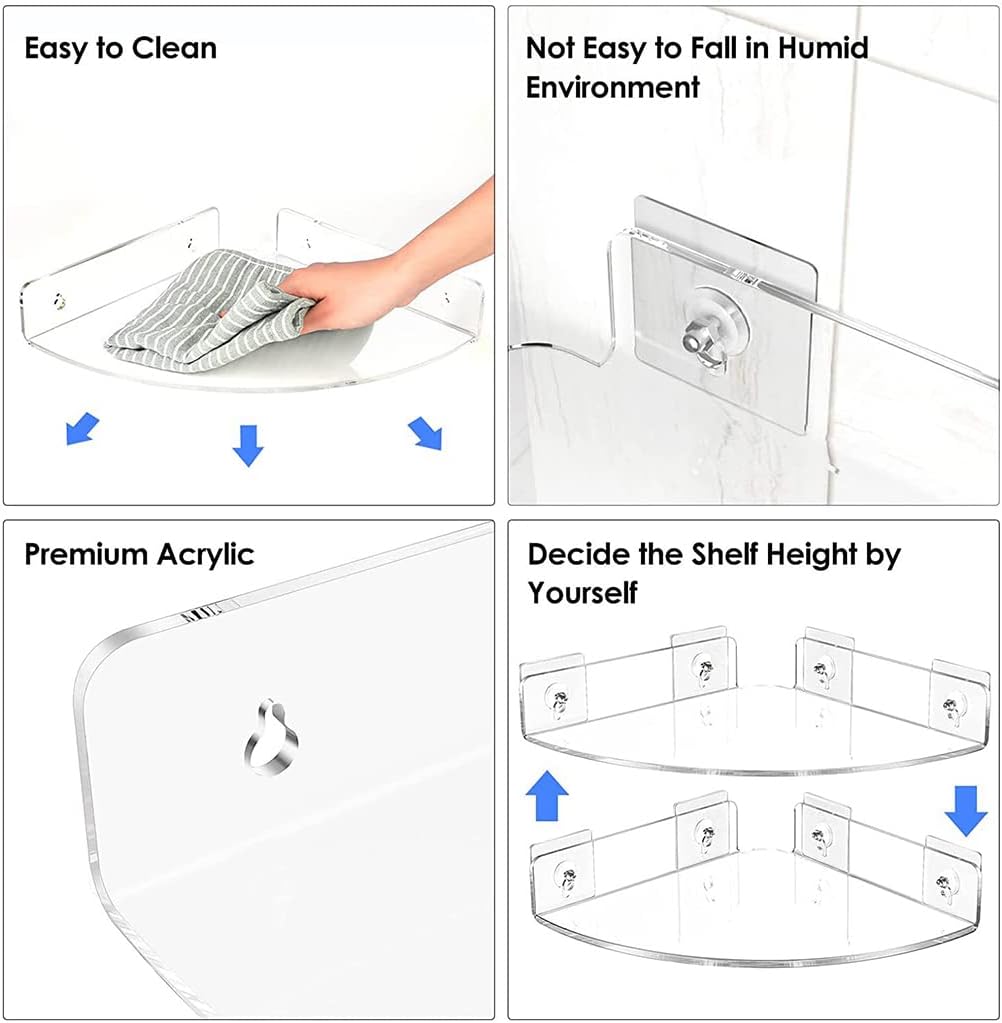 2 Pack Small Bathroom Corner Shelf Transparent Acrylic Wall Mount Floating Shower Organizer for Bottles Cups and Small Bathroom Corner Shelf Countertop Acrylic for Counter Clear Shower