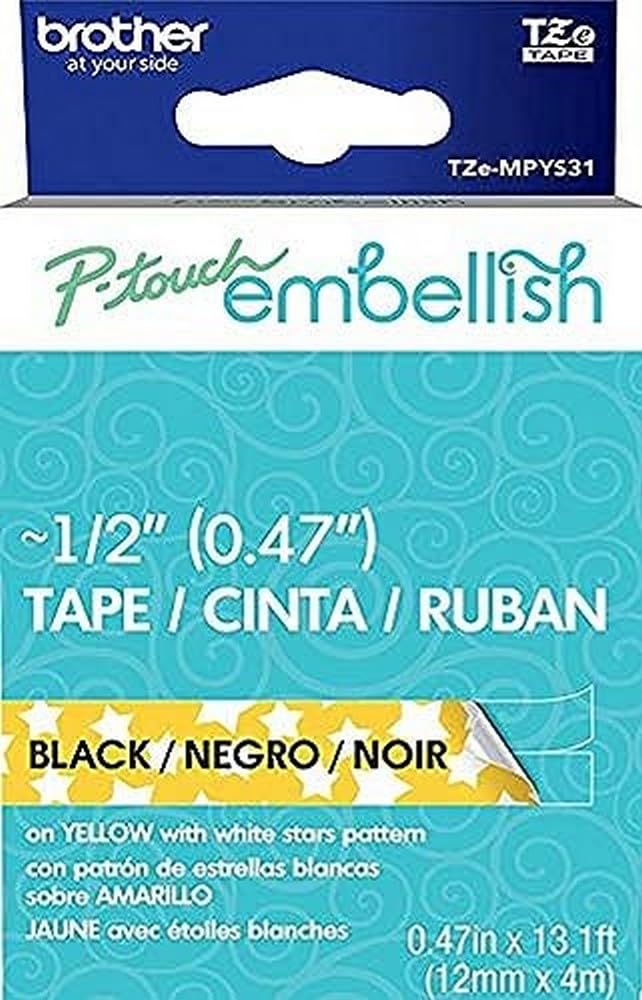Brother P-touch Embellish Black Print on Yellow Stars Patterned tape TZEMPYS31 – ~½” Wide x 13.1’ Long for use with P-touch Embellish Ribbon & Tape