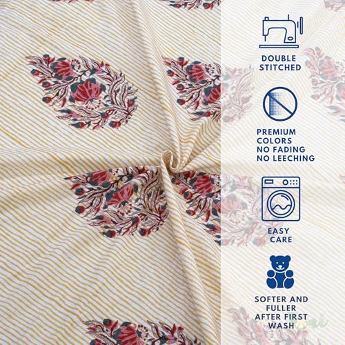 Image of TOAI Hand Block Printed Bedsheet | Bed Spread Flatsheet Bed Sheet | Pure Cotton | Queen Size 90 inchx108 inch | 210 TC Long Staple Cotton | 2 Reversible Pillow Covers |Floral Motives on Yellow Panel