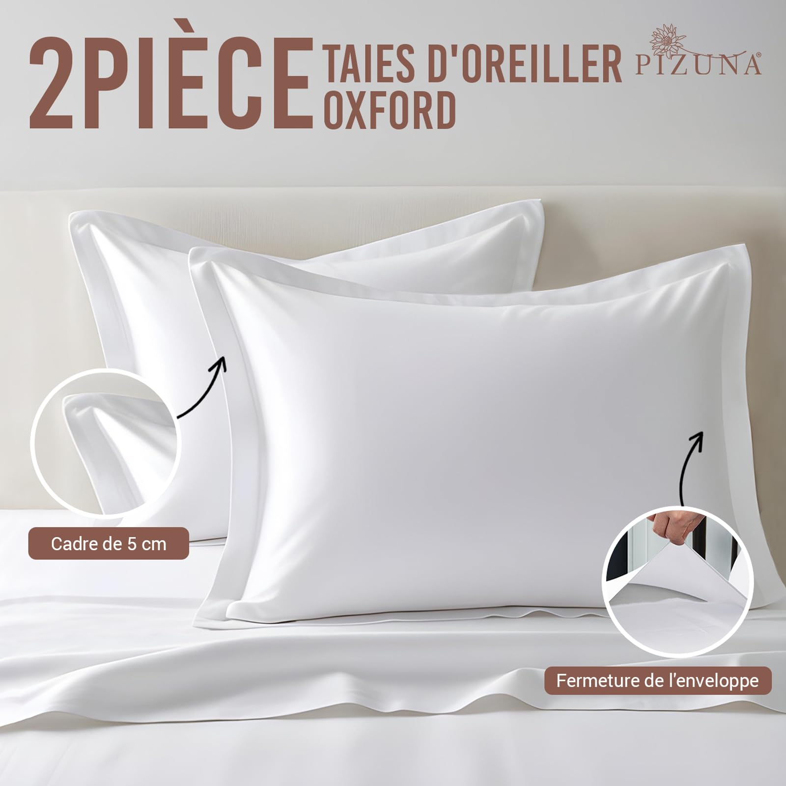 Pizuna Coton Peigné Set de 2 Taies d'oreiller 50x75 cm Blanc 400 Fils | 100% Coton Longue Tige Armure Satin Taies d'oreiller Douces 50x75 (Blanc Taies d'oreiller 2 Pièces)