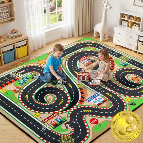 Rug For Kids &ndash; Extra Thick 0.4in Soft Non-slip Racing Car 