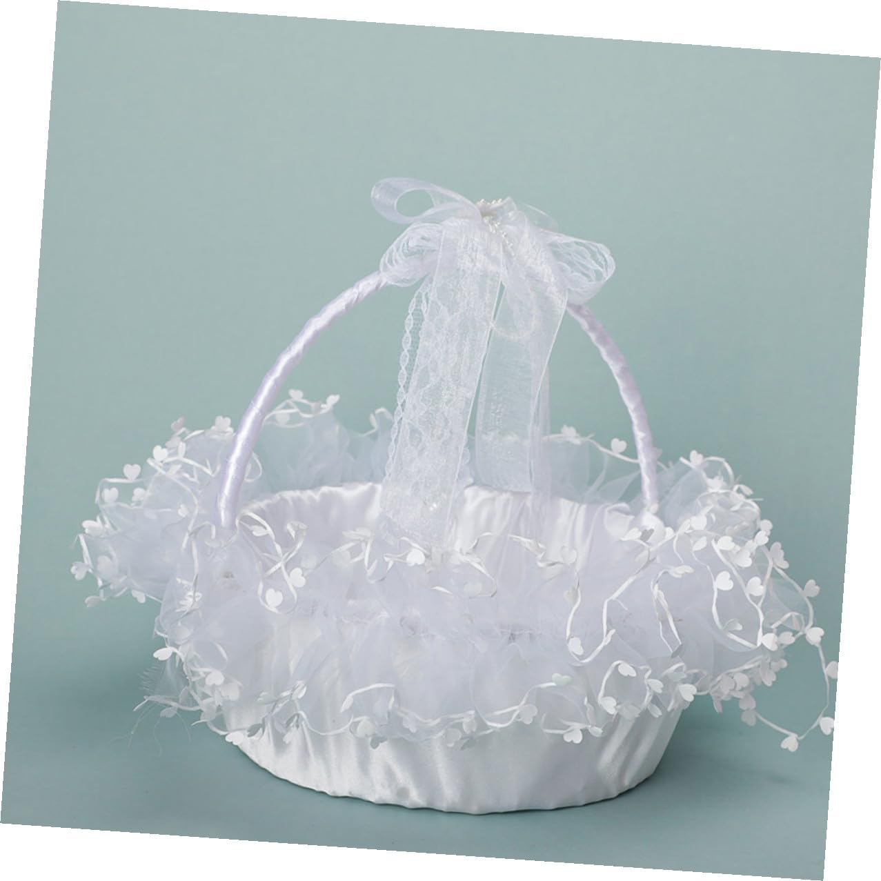 Portable Lace Wedding Flower Basket with White Bowknot, Adjustable Handle, Multi-purpose Flower Girl Basket for Ceremony and Party Supplies