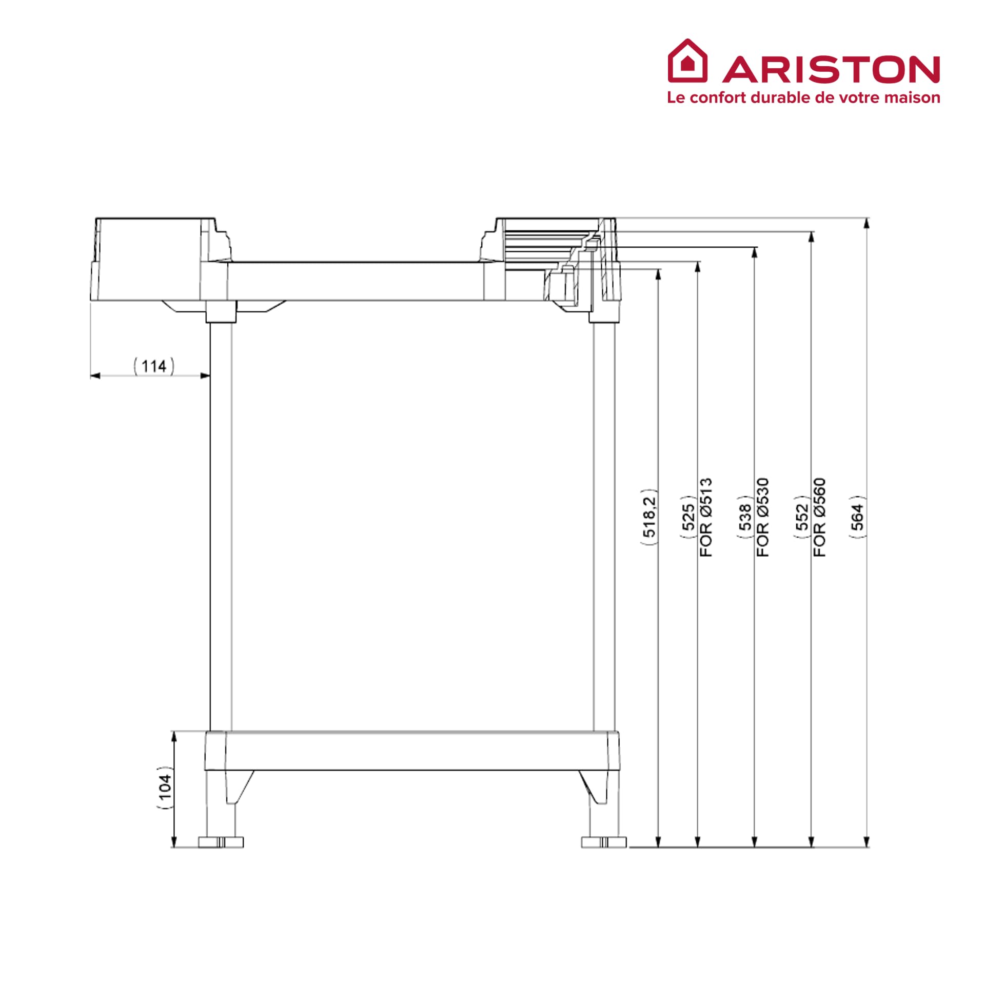 Ariston - Trepied Universel Ajustable pour Chauffe-eau Cylindrique - Diamètres 513-530-560 mm - Support Universel pour Chauffe eau muraux - Trépied 4 Pieds Réglables - 4090027