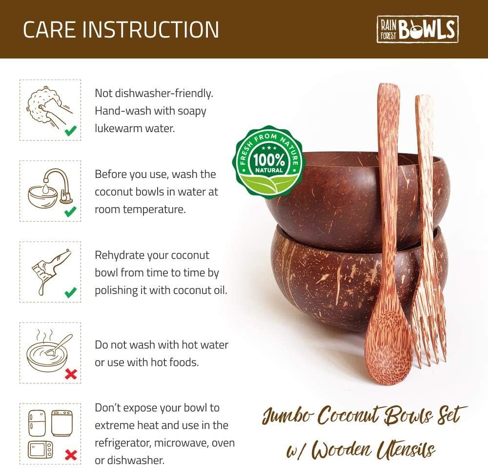 Rainforest Bowls 2 Eco-Friendly Original Coconut Bowls (Jumbo) w/ 2 Coconut Wood Spoons - 100% Natural, Organic Kitchen Set - Handcrafted from Reclaimed Coconut Shells + Offcuts