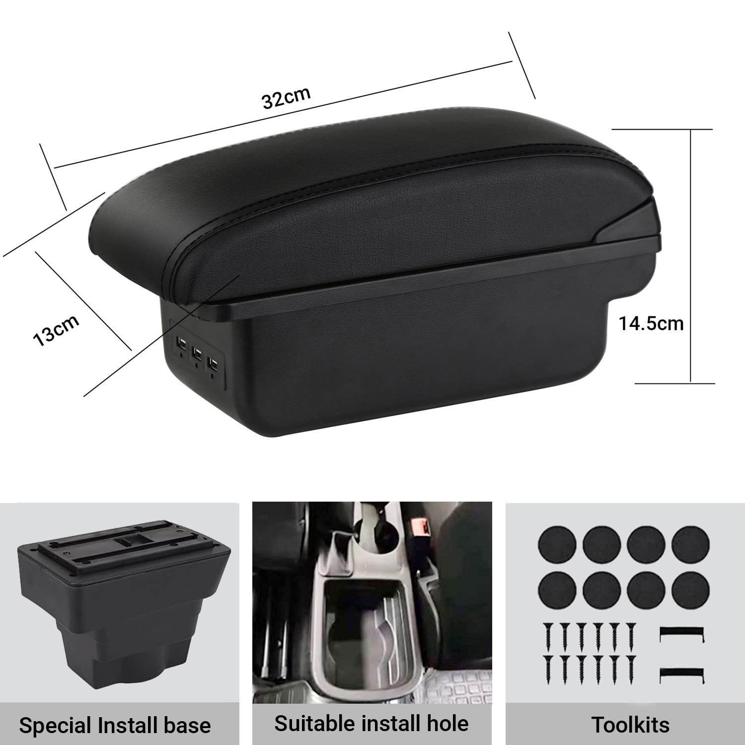 YJYWZH Auto Armlehnen für Astra J Armlehne Doppelschicht Mittelkonsole Große Aufbewahrungsbox mit 3 USB-Ladeanschluss Schwarze