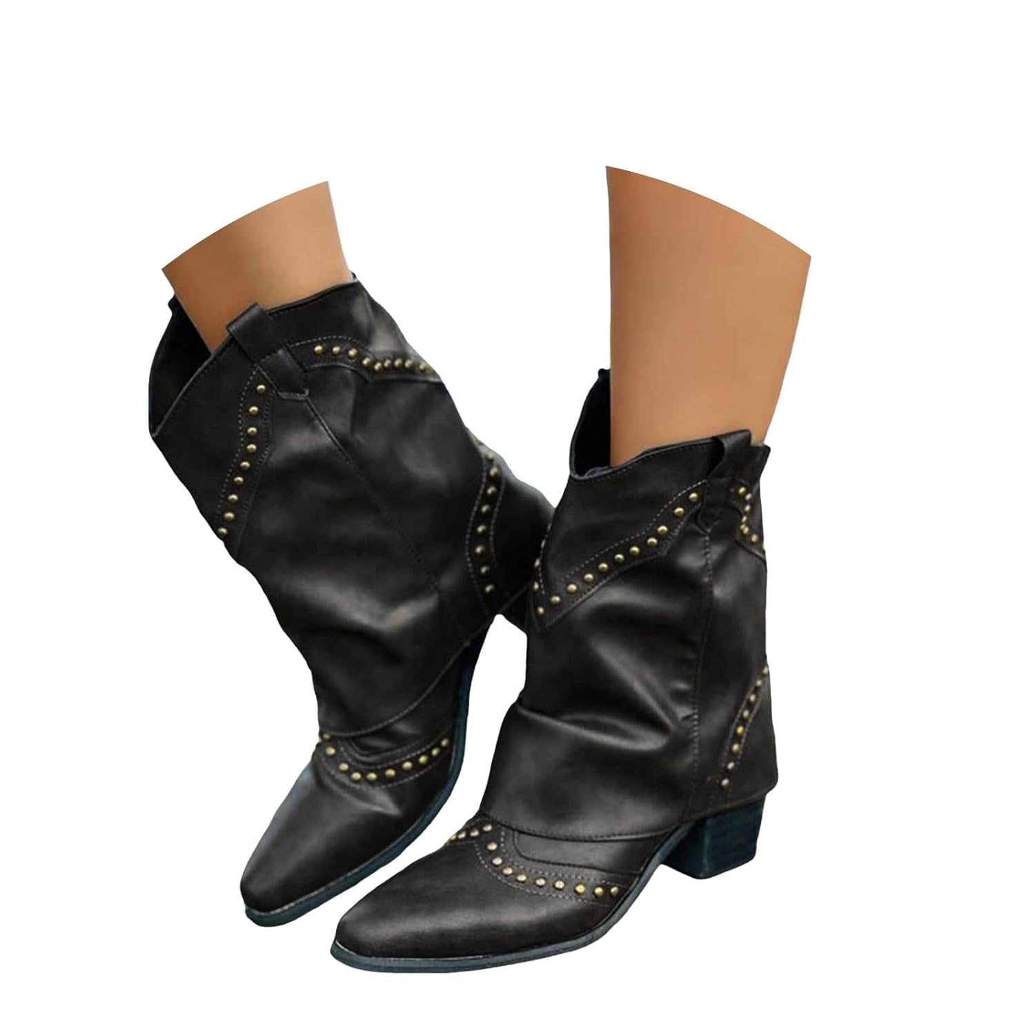 ZSpzx Women Cowboy Mid Calf Boots Western Cowgirl Fold Over Leather Studded Wide Calf Square Toe Chunky Block