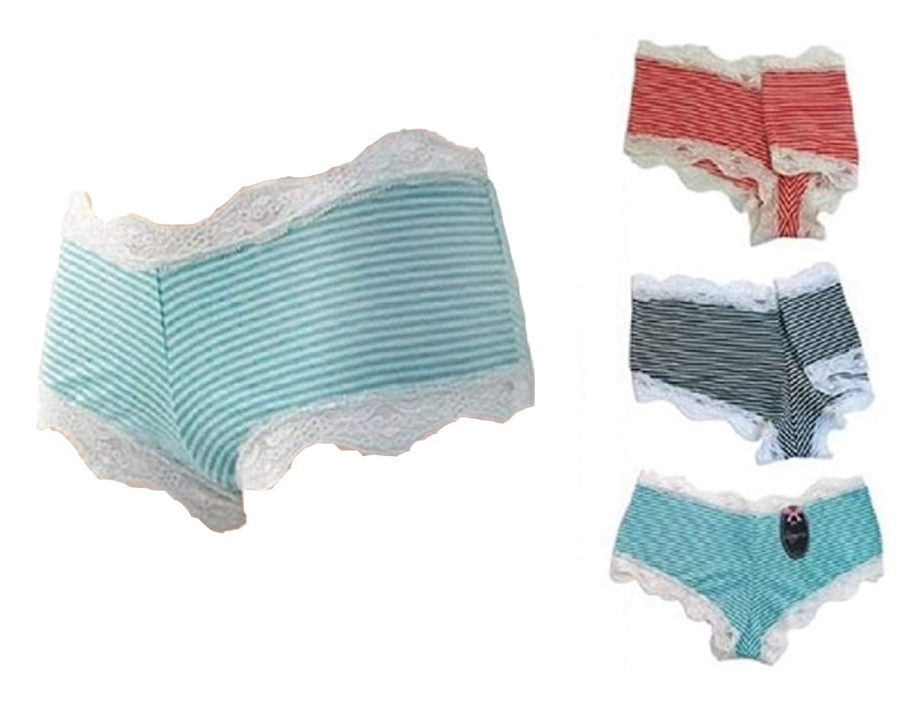 Ladies 3 Pack Spotty Bikini with Buttons Luxury Midi Briefs with Lace Underwear (12, Stripe Boxer Shorts)