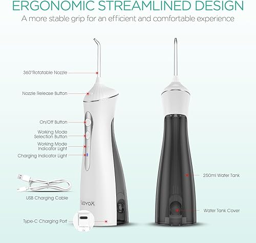 Miniatura 6 de VOYOR-HEALTH Irrigador dental de agua para dientes inalámbrico, recargable eléctrico para limpieza de dientes y hilo dental, irrigador oral portátil