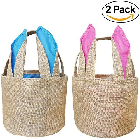 Easter Bunny Basket Egg Baskets for Kids with Cross-Stitch Line Burlap Gift Bag Round Tote Jute Bags for Embroidery DIY Daily Use (2 Pack, Pink and Blue) FH05