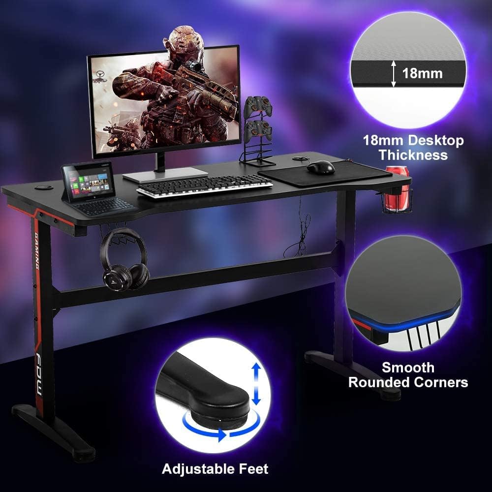 Dkelincs Gaming Desk highlighting desktop thickness, rounded corners, and adjustable feet