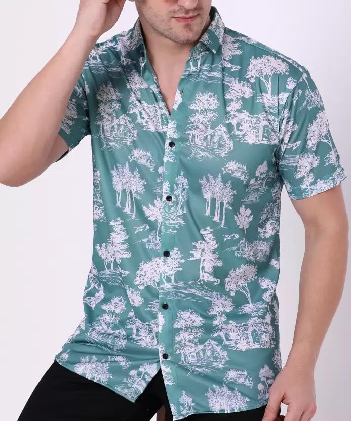 Image of LookMark Men's Stylish Lycra Blend Half Sleeve Shirt with Spread Collar - Featuring Trendy Prints for Casual Wear