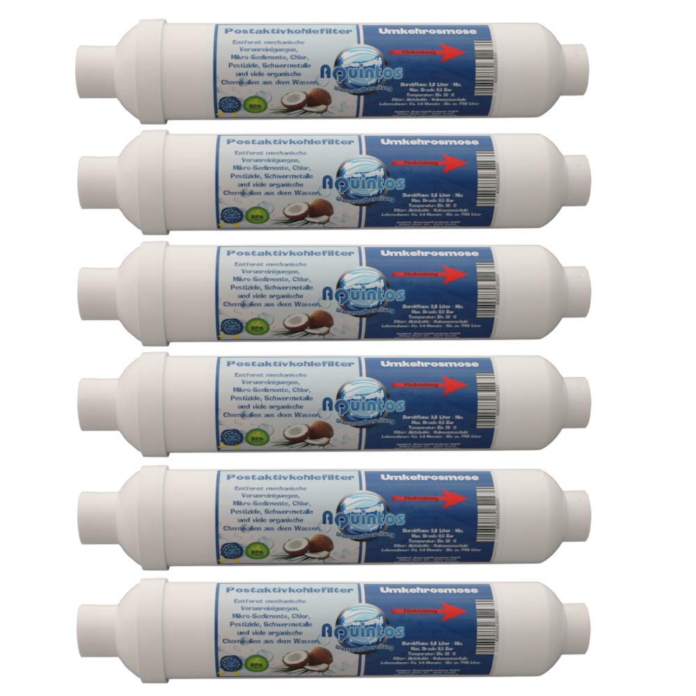 Aquintos Vitaflow Aktiv Inline-Kartusche Postaktivkohlefilter 10 x 2 Zoll - Easy Quick Steckanschluss 1/4 Zoll (6 Stück)