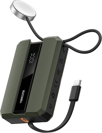 VEEKTOMX PD 30W Power Bank Fast Charging with Built-in USB C Cable for iPhone, Small Portable Charger 10000mAh, Portable Apple Watch Charger, Compact Battery Pack for iPhone 16/15/15 Plus, Green