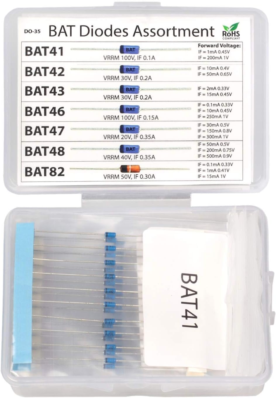 3pdt 70 pcs Blue Schottky Diode Assortment Kit: BAT41, BAT42, BAT43, BAT46, BAT47, BAT48, BAT82