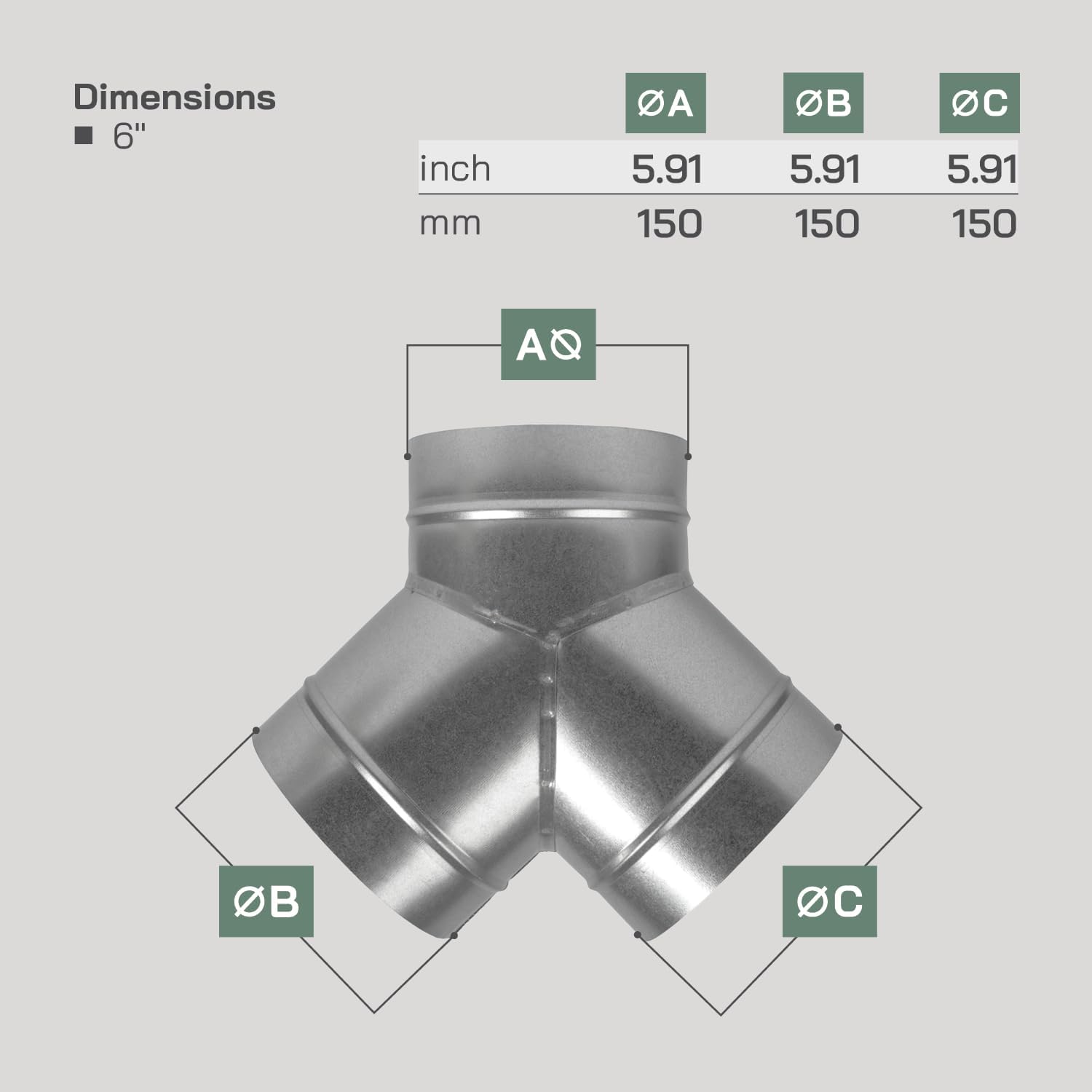 Vent Systems 6" Inch Duct Connector – Heavy-Duty Galvanized Steel 3-Way Splitter Fitting – Rust-Resistant Round Pipe Adapter for HVAC Ventilation, Dryer Exhaust, Heating and Cooling Airflow Systems
