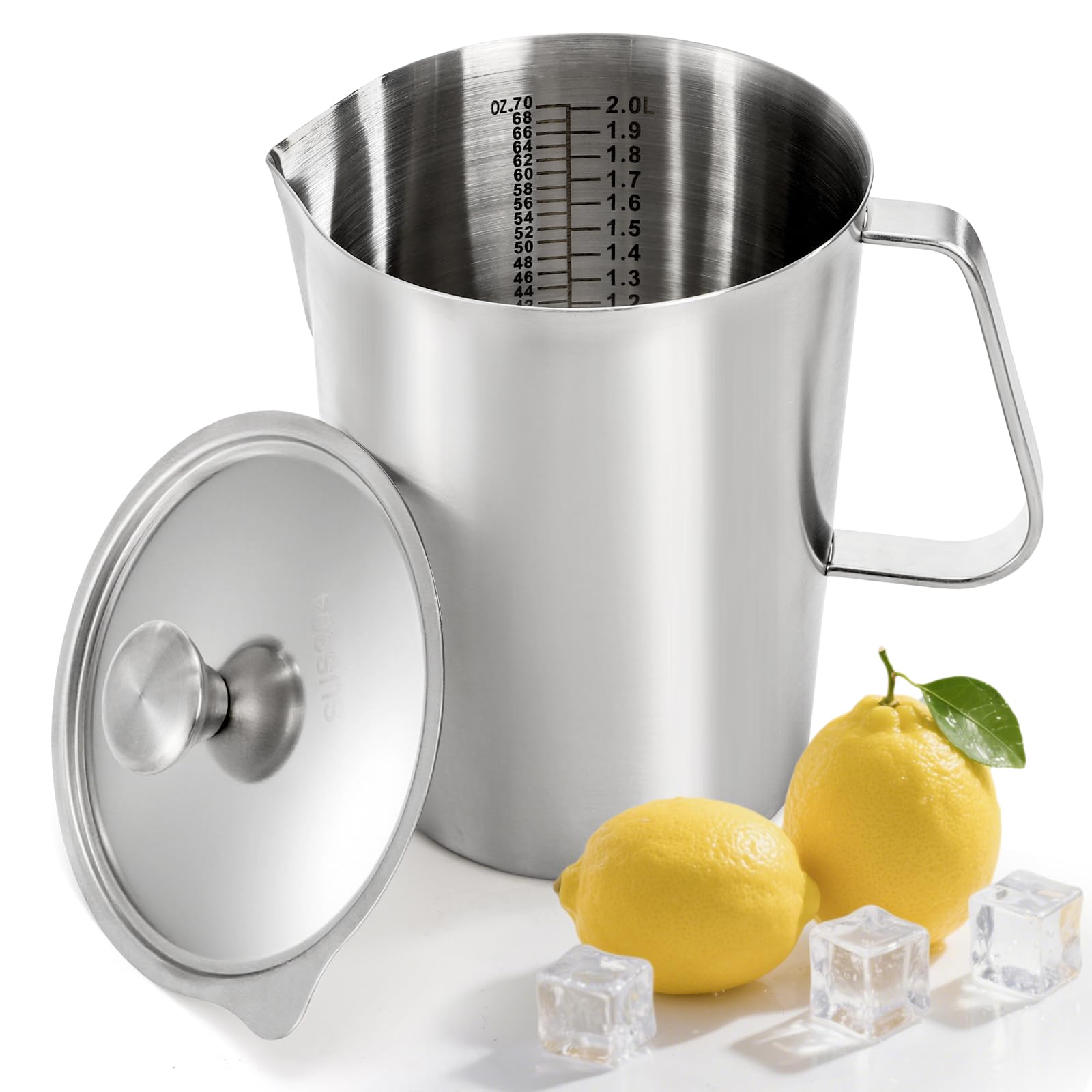 Noamus Brocca in acciaio inossidabile con coperchio, 8 oz/2,3 l, misurino in metallo 304 con marcatura e manico, bicchieri graduati a bocca grande, brocca per schiumare il latte, brocca per acqua per