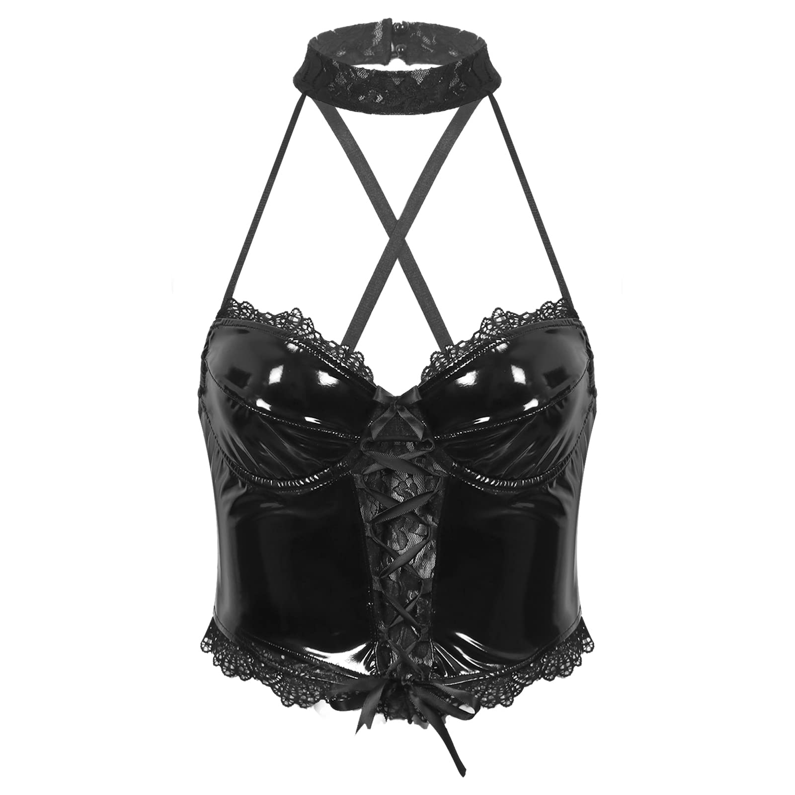 Womens Lace Patchwork Lace-up Camisole Glossy Patent Leather Halter Crop Top Zipper Back Vest,Black,XXL