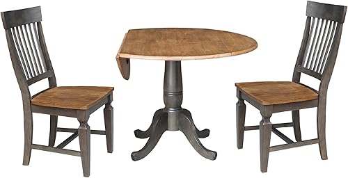 Miniatura 2 de IC International Concepts Mesa de comedor redonda de 42 pulgadas con 2 sillas SlatBack, juego de 3 piezas, color nogalcarbón lavado