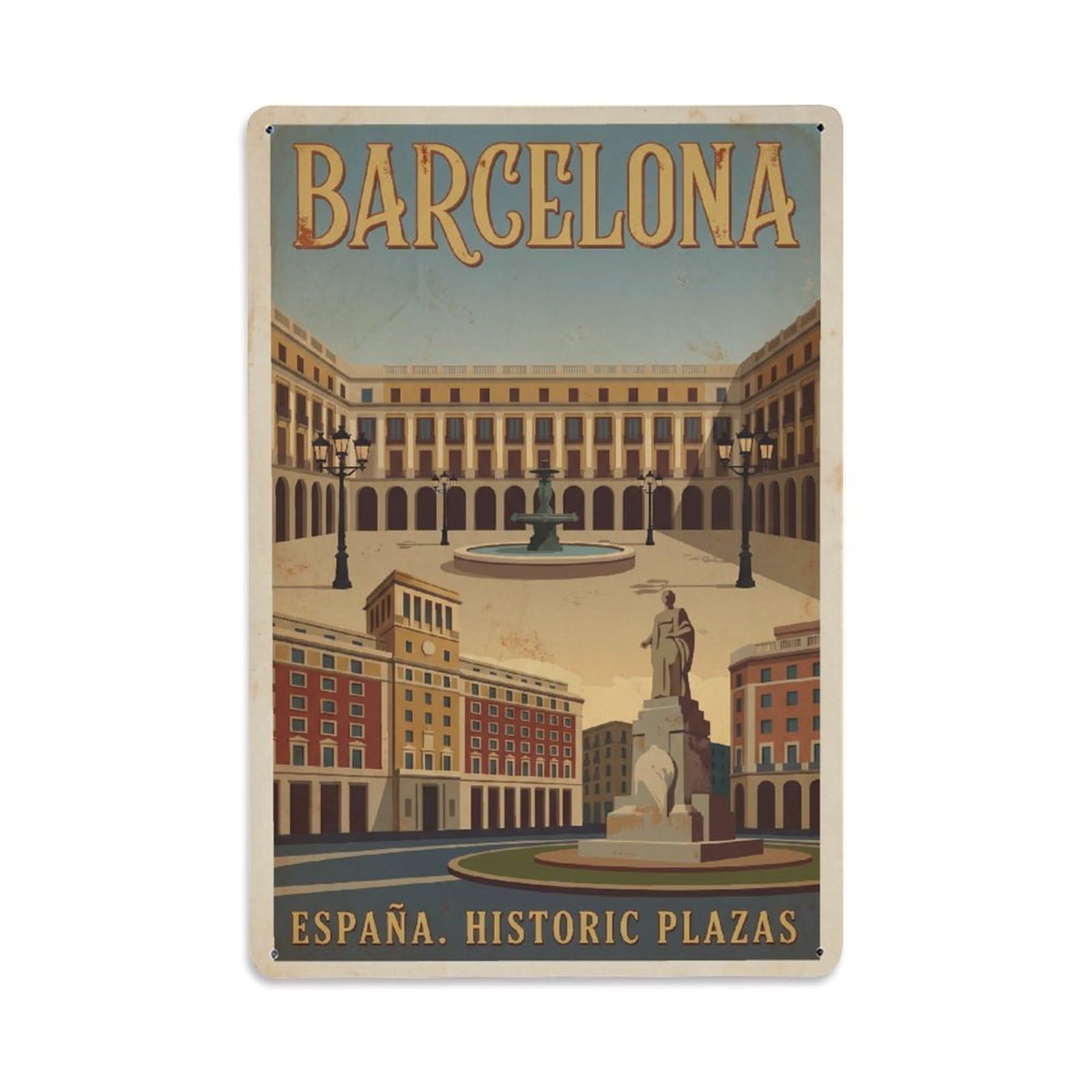 Vintage Travel Plazas Spain Historic Metal Tin Sign